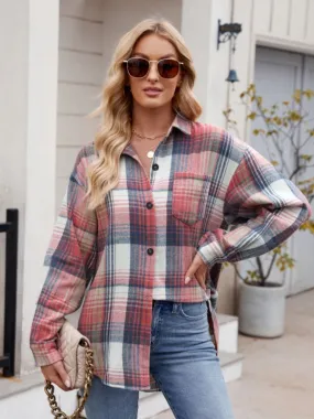 Throw -It-On Plaid Collared Neck Long Sleeve Shirt plaid shirt