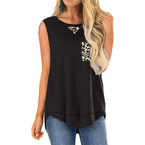 Women's Summer Tank Tops Leopard Pocket Sleeveless Blouse