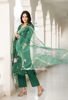 Bahar Hand Painted Chanderi Silk Suit Set with Organza Dupatta (CSS113)