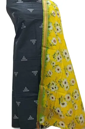 Black Bhagalpur Linen Two Piece Unstitched Suit Set With Digital Printed Dupatta