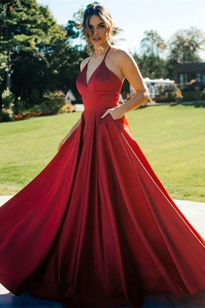 Burgundy Long A-line V-Neck Satin Evening Prom Dress With Pockets