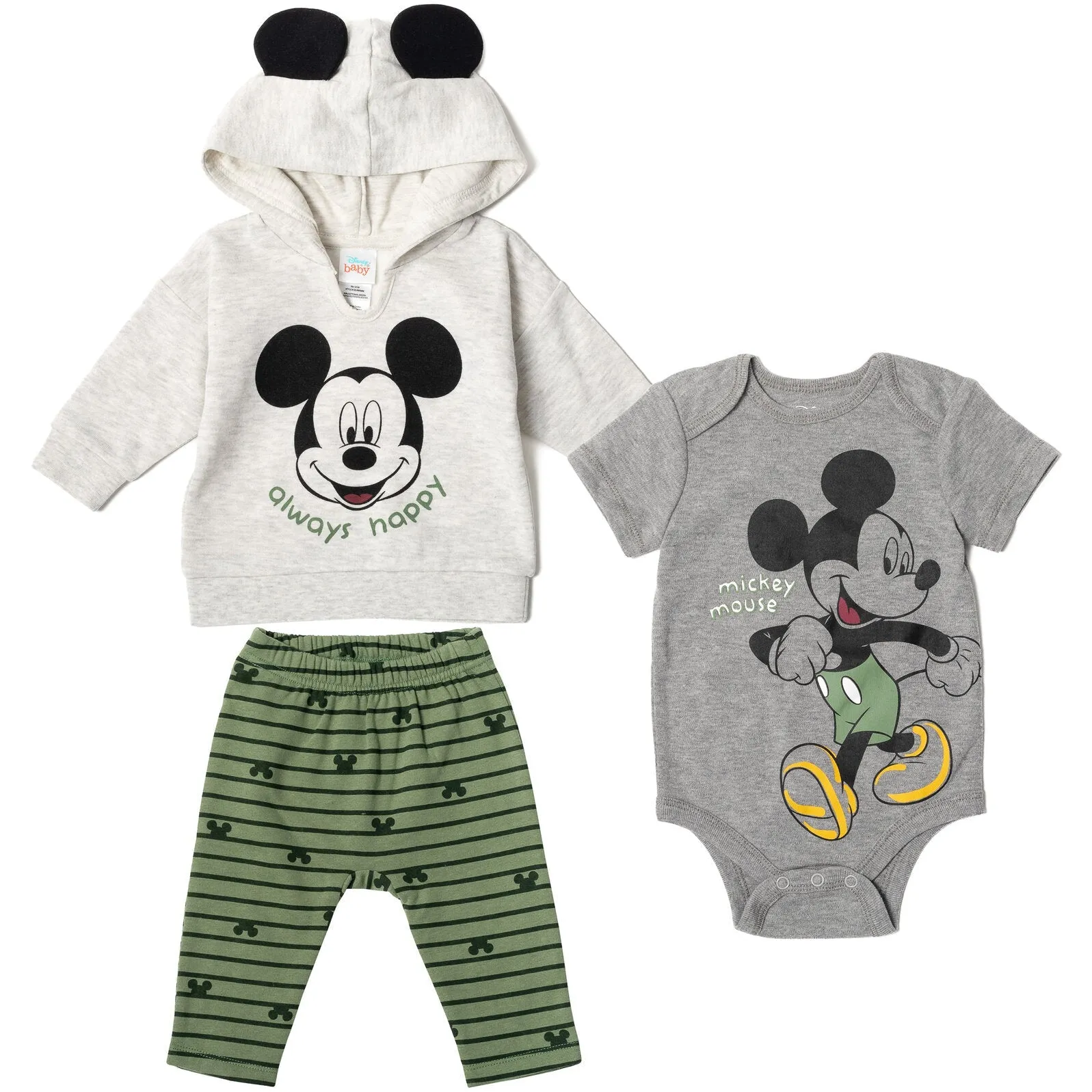 Disney Mickey Mouse Fleece Pullover Hoodie Bodysuit and Pants 3 Piece Outfit Set