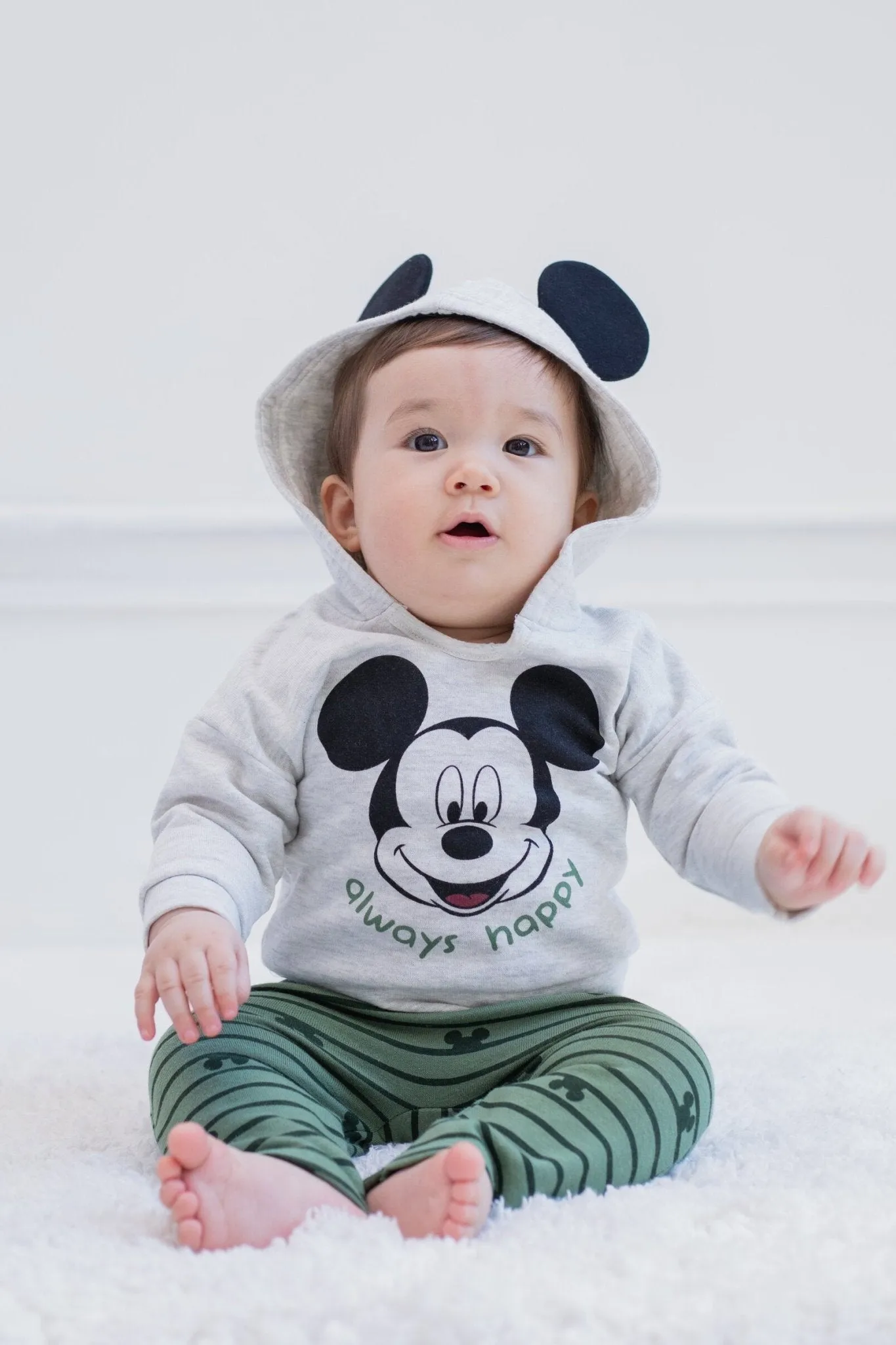 Disney Mickey Mouse Fleece Pullover Hoodie Bodysuit and Pants 3 Piece Outfit Set