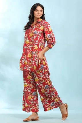 Floral Print Red Collared Cotton Loungewear Set