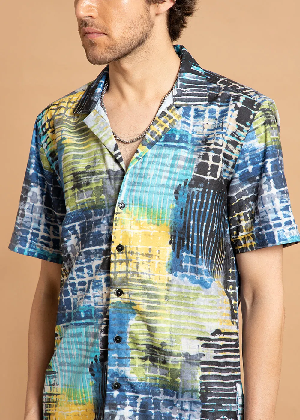 Grid Brush Stroke Half Sleeve Shirt