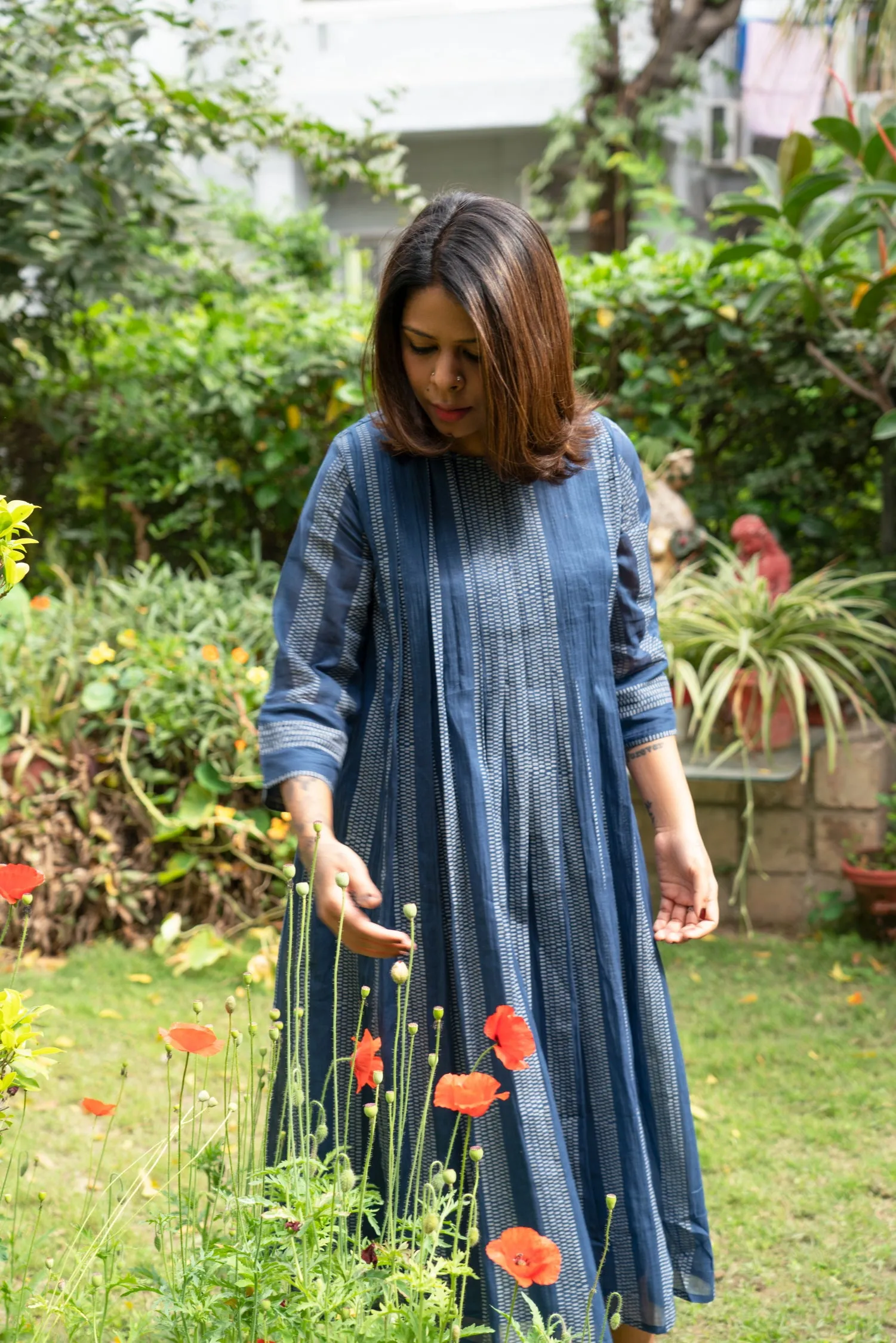 Indigo hand printed pleated mulmul dress